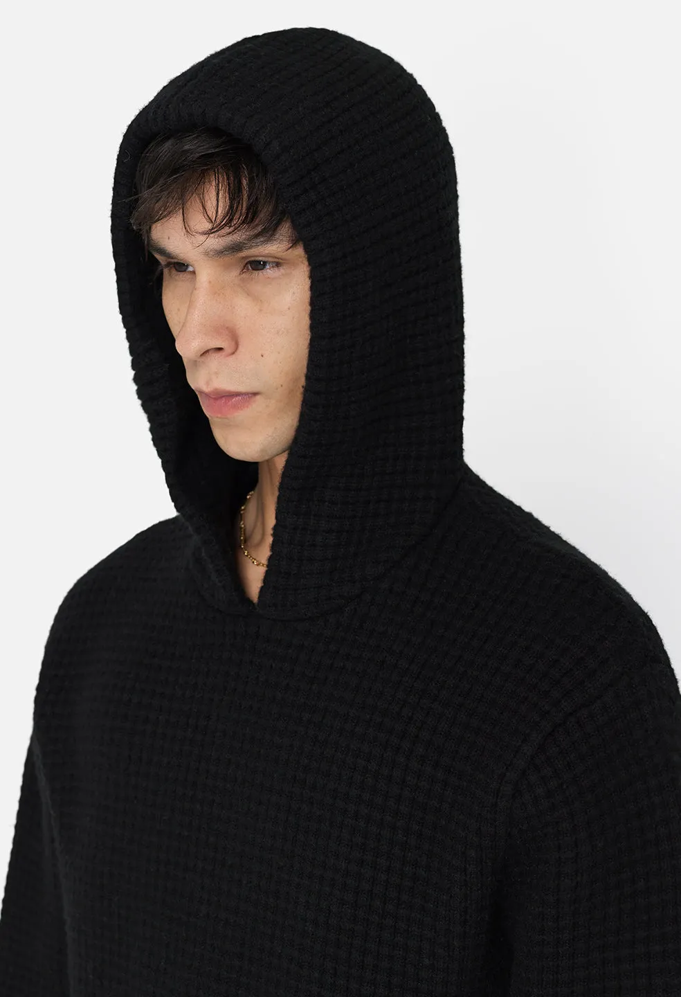 Wool Waffle Knit Poncho / Black