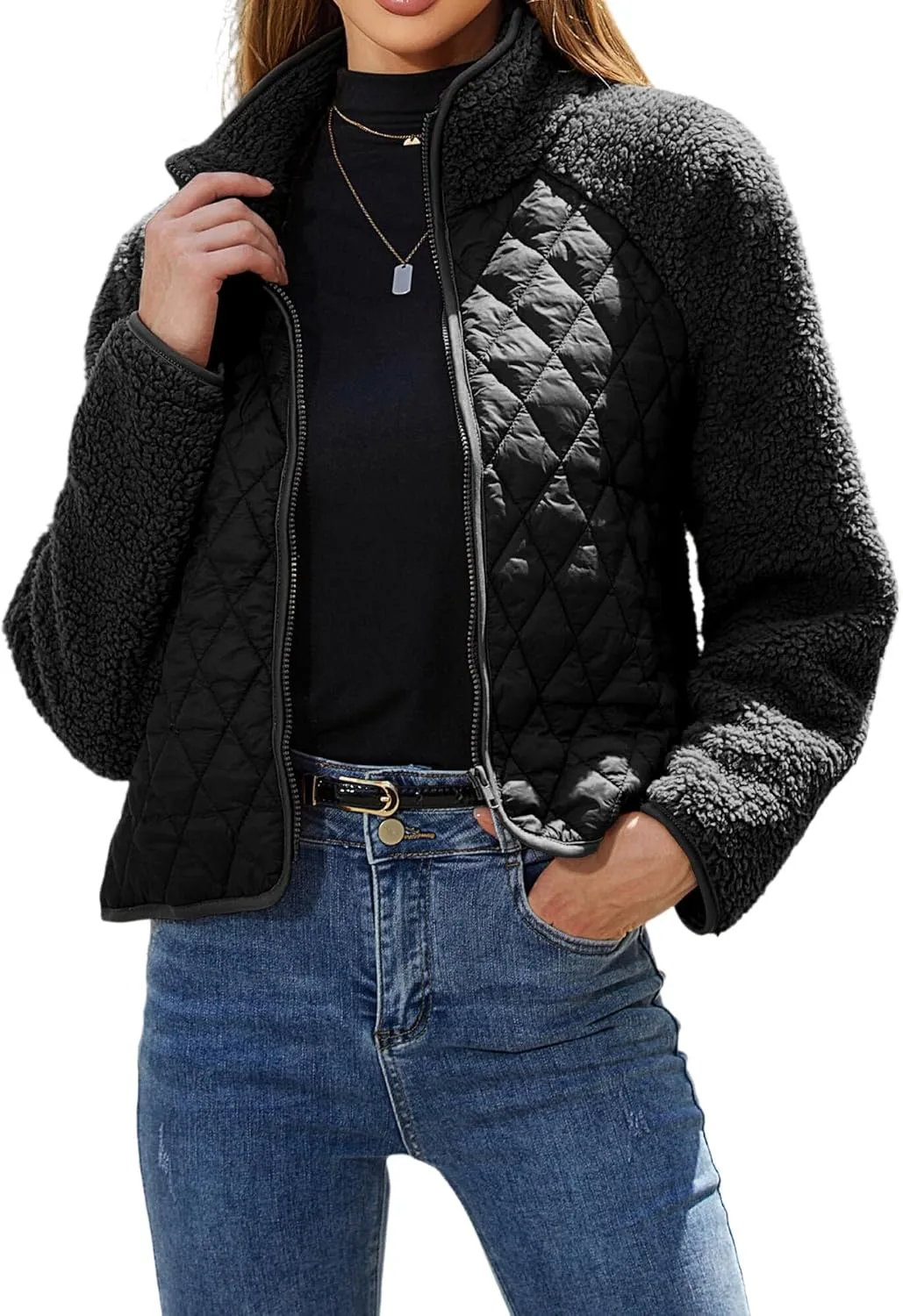 Ytfsrukp Womens Fall Quilted Bomber Jacket Long Sleeve Outerwear Trendy Casual Winter Down Coats Lightweight Puffer Jackets