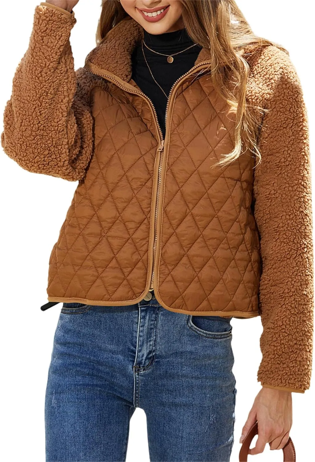 Ytfsrukp Womens Fall Quilted Bomber Jacket Long Sleeve Outerwear Trendy Casual Winter Down Coats Lightweight Puffer Jackets