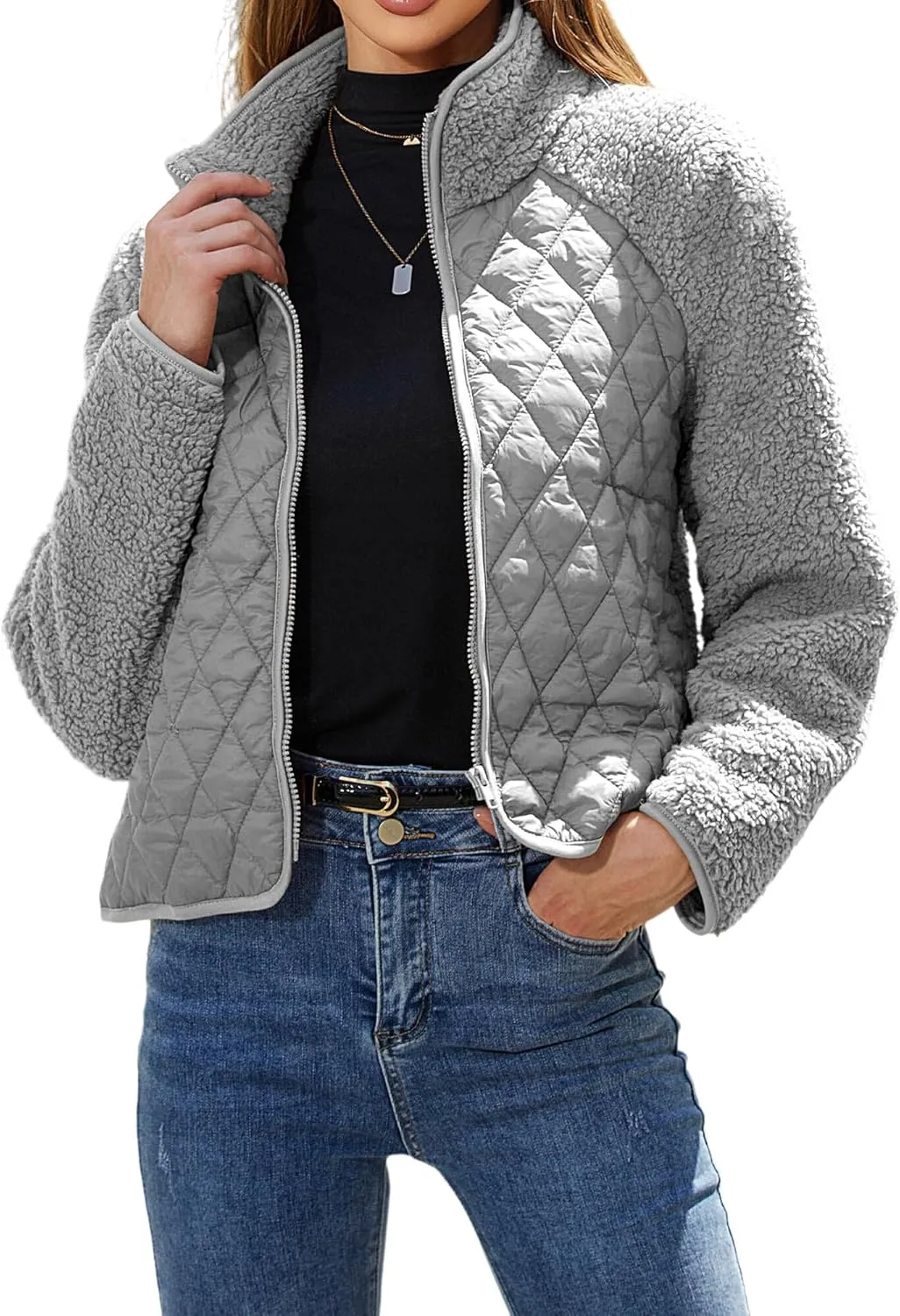 Ytfsrukp Womens Fall Quilted Bomber Jacket Long Sleeve Outerwear Trendy Casual Winter Down Coats Lightweight Puffer Jackets
