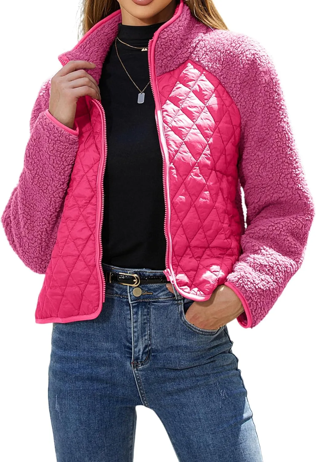 Ytfsrukp Womens Fall Quilted Bomber Jacket Long Sleeve Outerwear Trendy Casual Winter Down Coats Lightweight Puffer Jackets